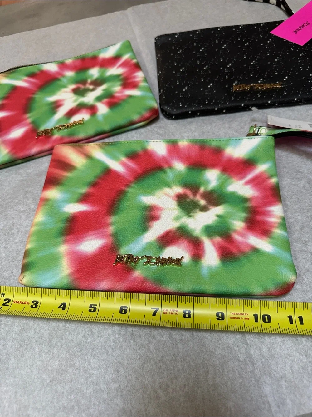 Betsey Johnson Green Red White Tie-Dye Cosmetic Pouch Trio